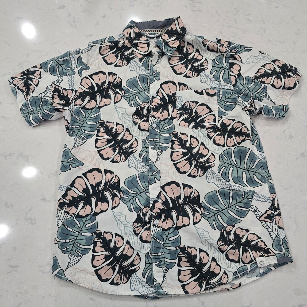 Free Planet Mens Large Tropical Monstera Leaf Print Cotton Button Up Shirt